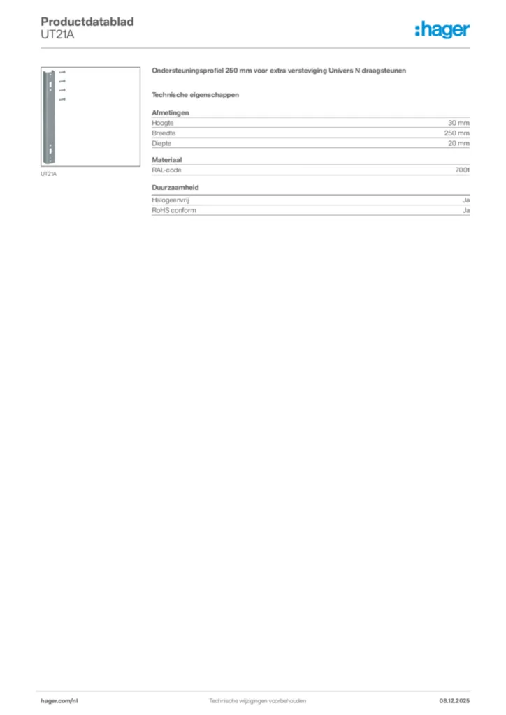 Afbeelding Hager Productdatablad UT21A | Hager Nederland