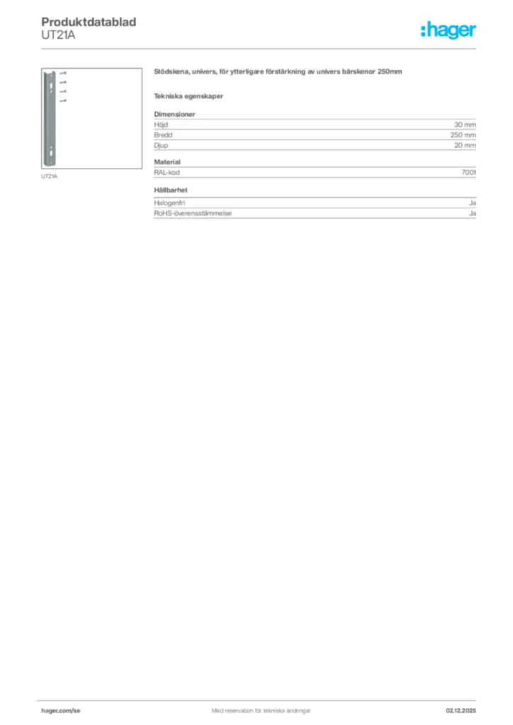 Bild Hager Produktdatablad UT21A | Hager Sverige