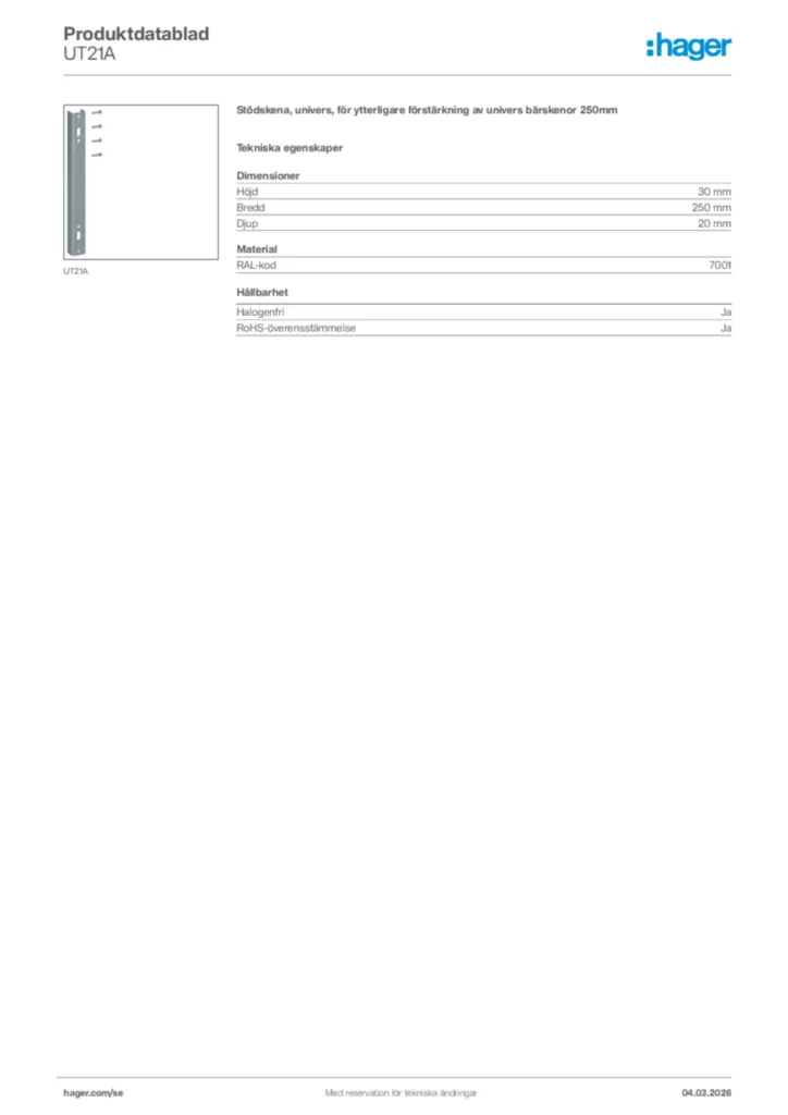 Bild Hager Produktdatablad UT21A | Hager Sverige