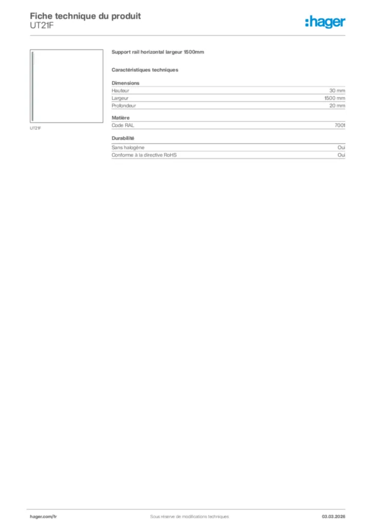 Image Hager Fiche technique du produit UT21F | Hager France