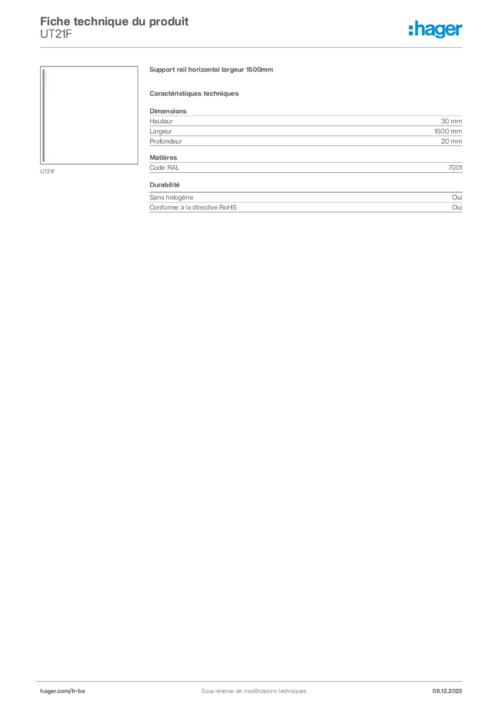 Image Hager Fiche technique du produit UT21F | Hager Belgique