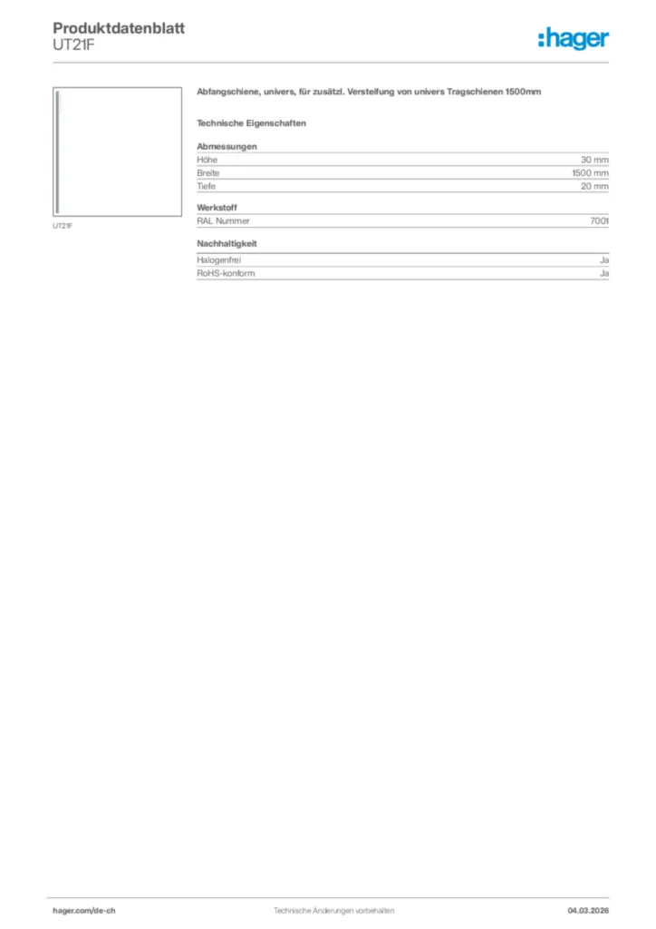 Bild Hager Produktdatenblatt UT21F | Hager Schweiz