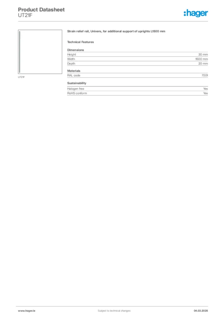 Image Hager Product data sheet UT21F  | Hager
