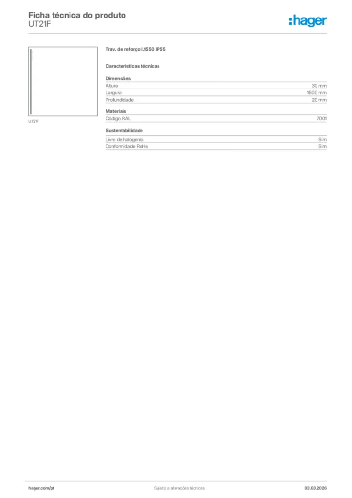 Imagem Hager Ficha técnica do produto UT21F | Hager Portugal