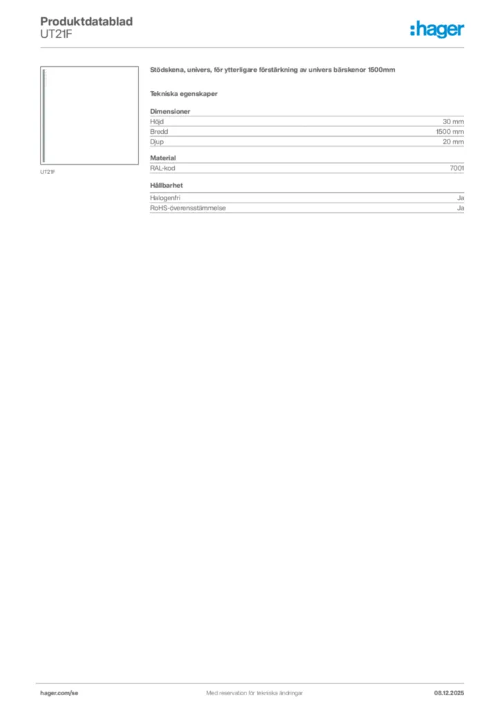 Bild Hager Produktdatablad UT21F | Hager Sverige