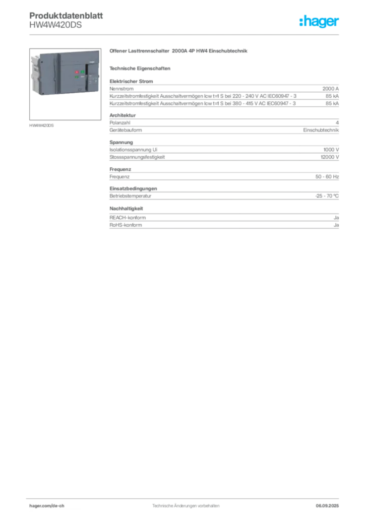 Bild Hager Produktdatenblatt HW4W420DS | Hager Schweiz
