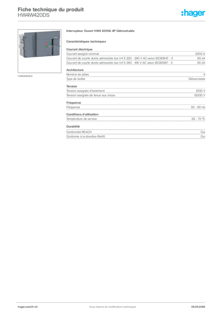 Image Hager Fiche technique du produit HW4W420DS | Hager Suisse