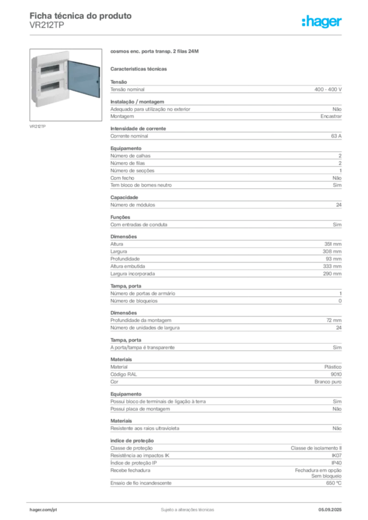 Imagem Hager Ficha técnica do produto VR212TP | Hager Portugal