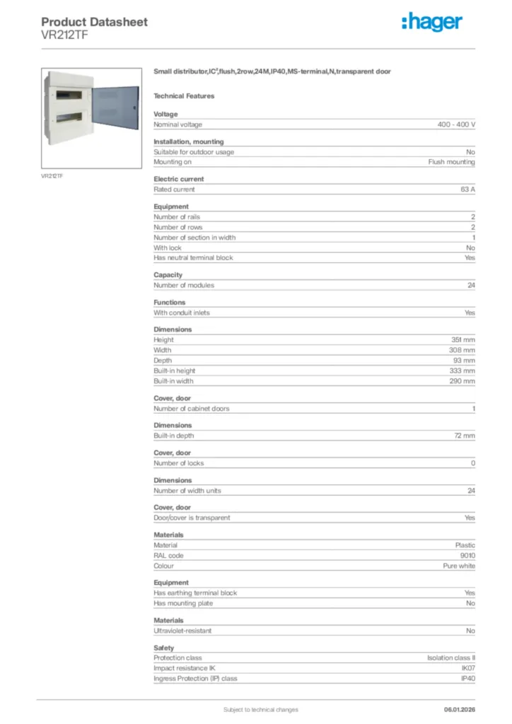 Image Hager Product data sheet VR212TF  | Hager Africa