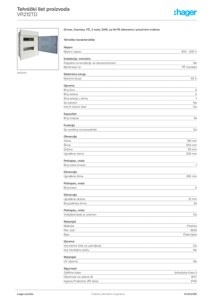 Slika Hager Product data sheet VR212TD  | Hager
