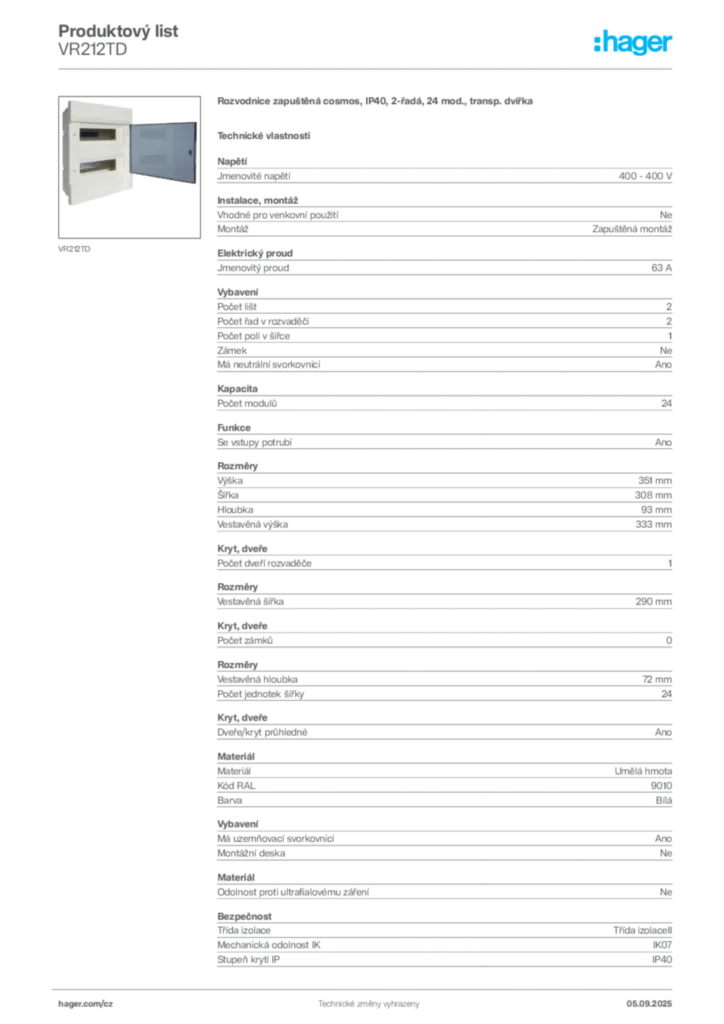 Obrázek Hager Produktový list VR212TD | Hager