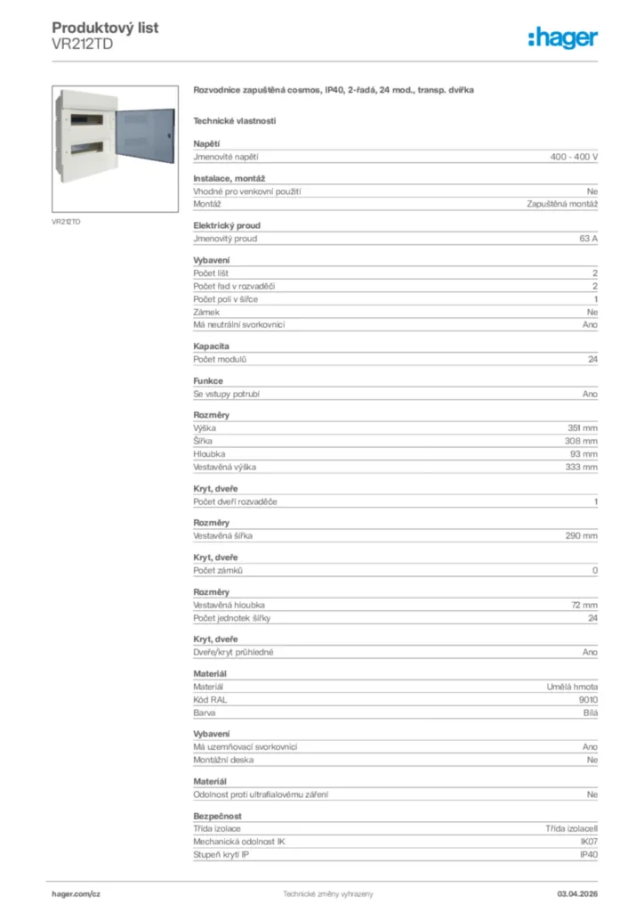 Obrázek Hager Product data sheet VR212TD | Hager