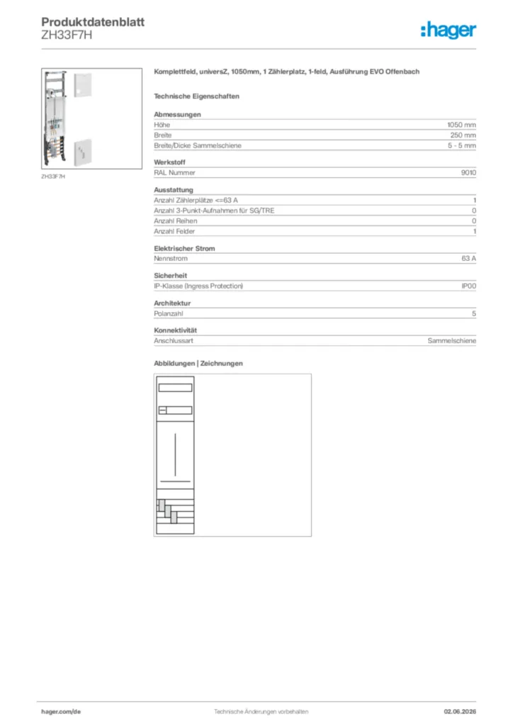 Bild Hager Produktdatenblatt ZH33F7H | Hager Deutschland