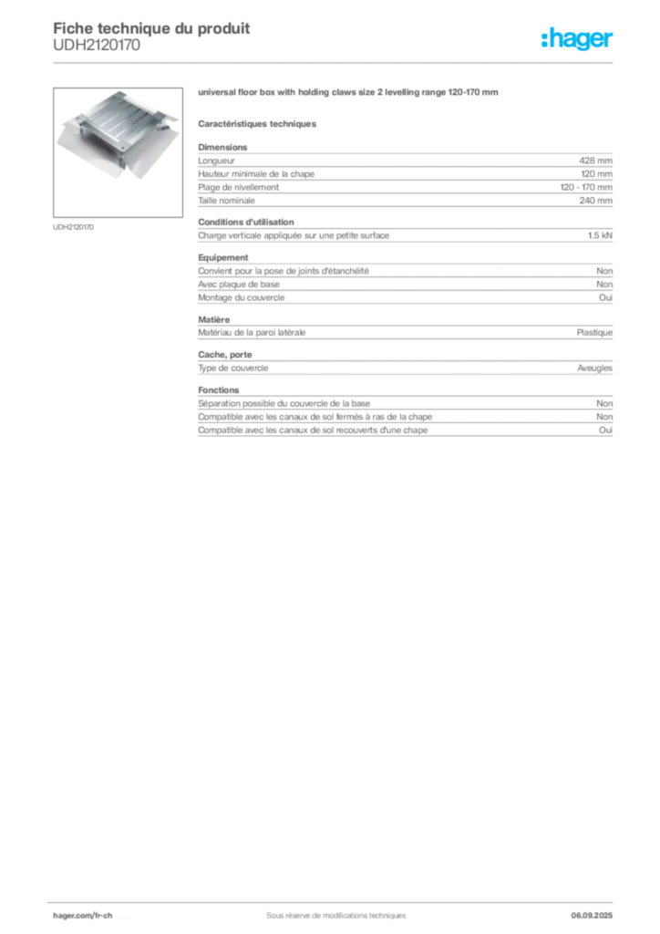 Image Hager Fiche technique du produit UDH2120170 | Hager Suisse