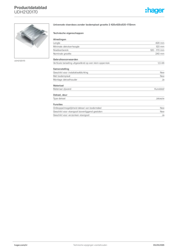 Afbeelding Hager Productdatablad UDH2120170 | Hager Nederland