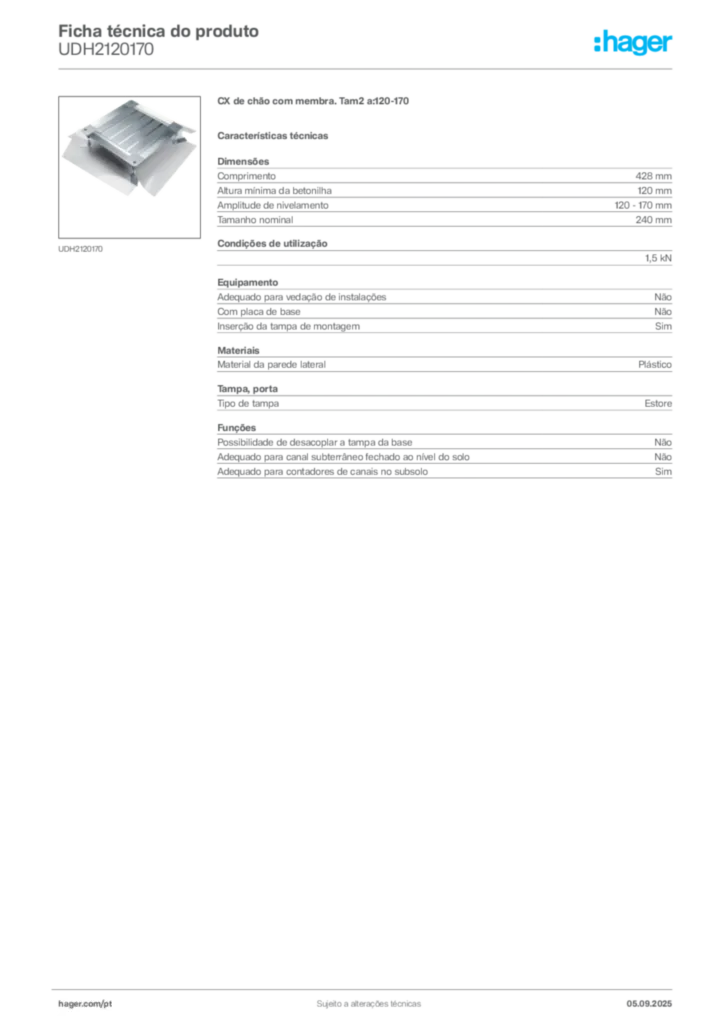 Imagem Hager Ficha técnica do produto UDH2120170 | Hager Portugal