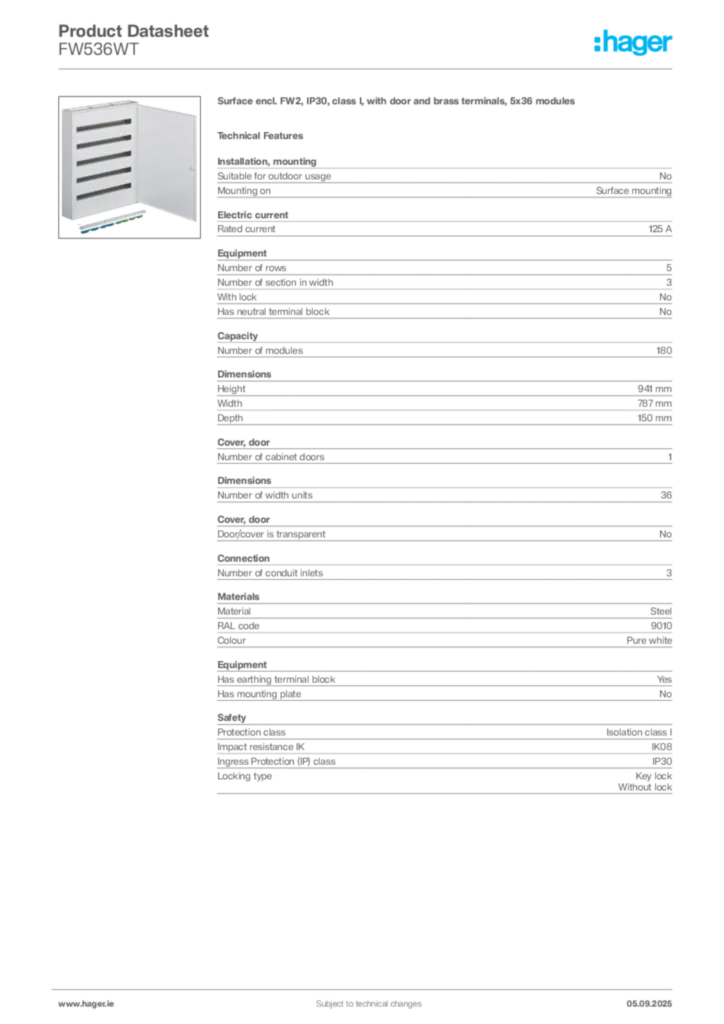 Image Hager Product data sheet FW536WT  | Hager