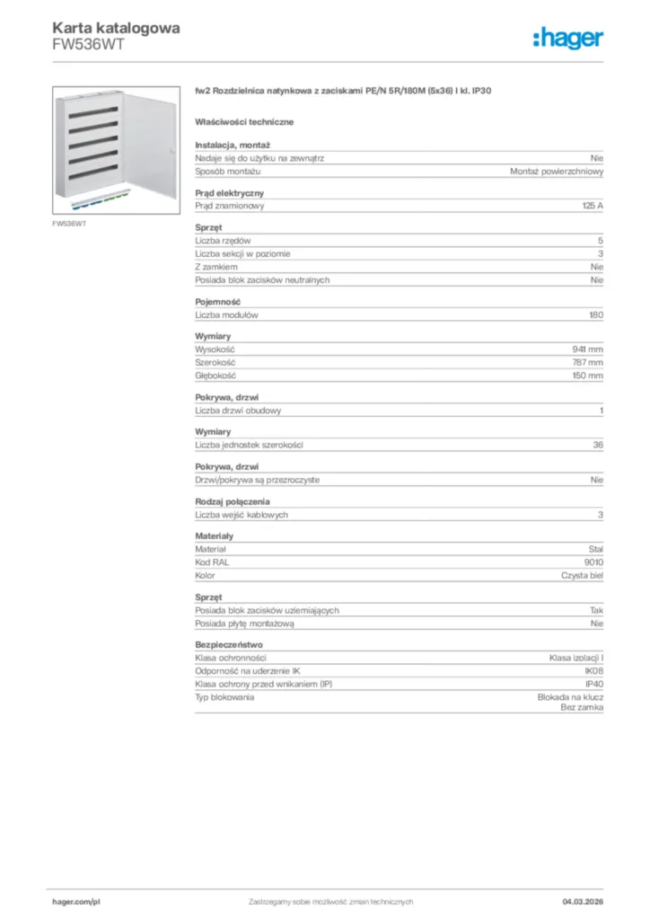 Zdjęcie Hager Karta katalogowa FW536WT | Hager Polska