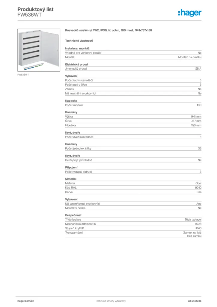 Obrázek Hager Product data sheet FW536WT | Hager