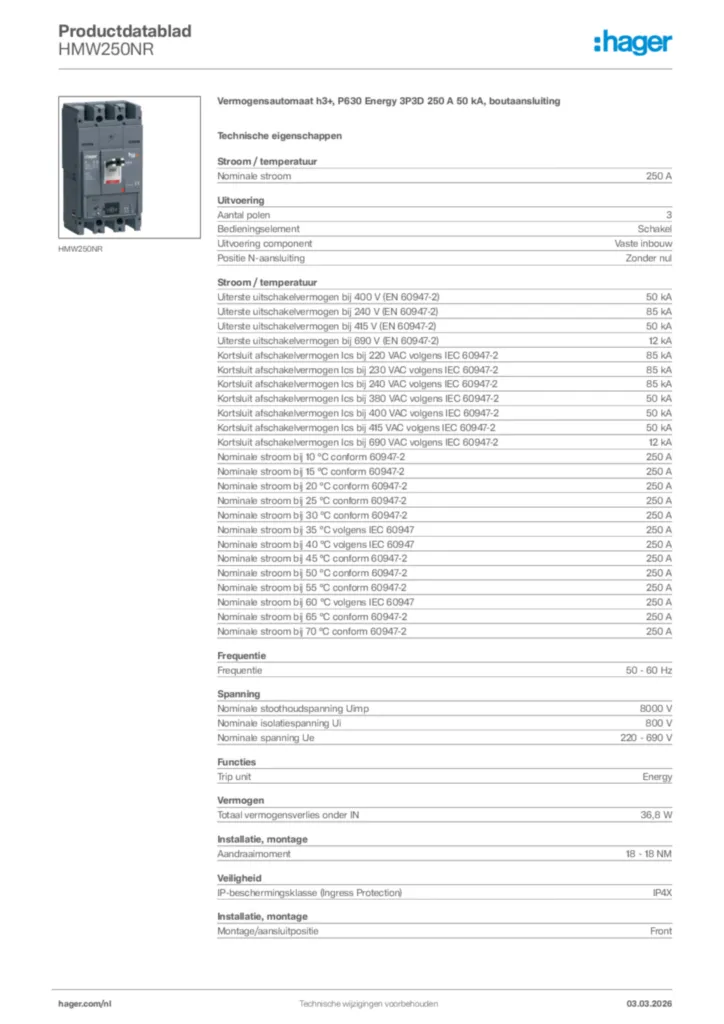 Afbeelding Hager Productdatablad HMW250NR | Hager Nederland