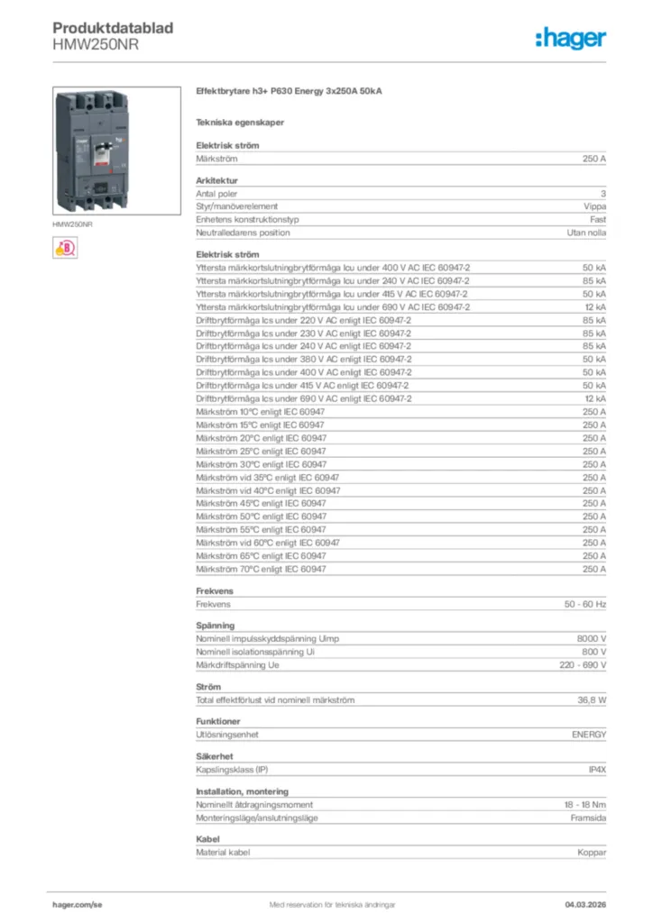 Bild Hager Produktdatablad HMW250NR | Hager Sverige
