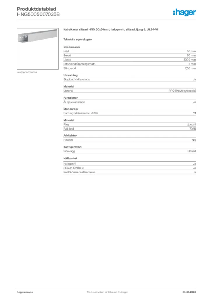 Bild Hager Produktdatablad HNG5005007035B | Hager Sverige