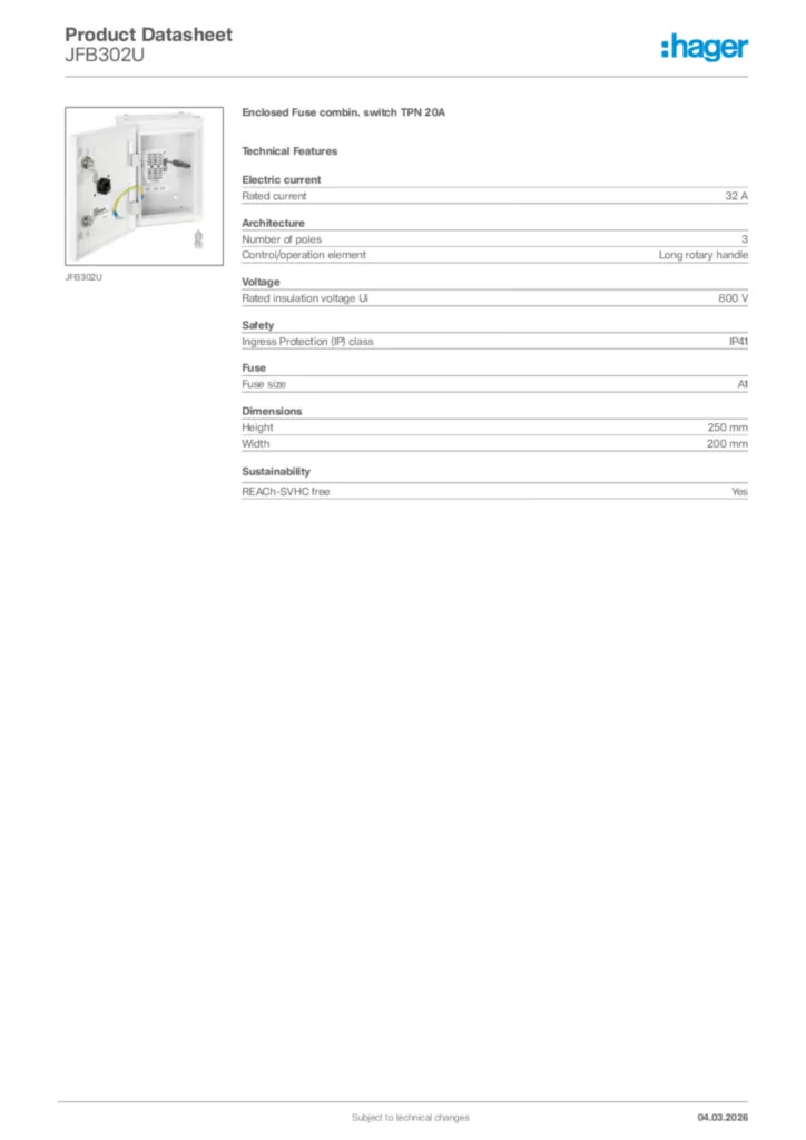 Image Hager Product data sheet JFB302U  | Hager Africa