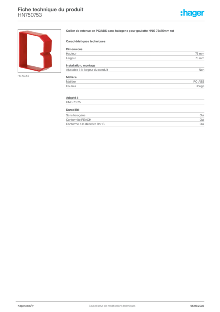 Image Hager Fiche technique du produit HN750753 | Hager France