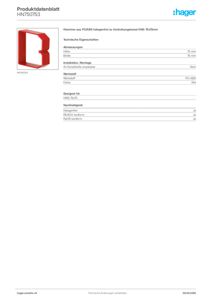 Bild Hager Produktdatenblatt HN750753 | Hager Schweiz