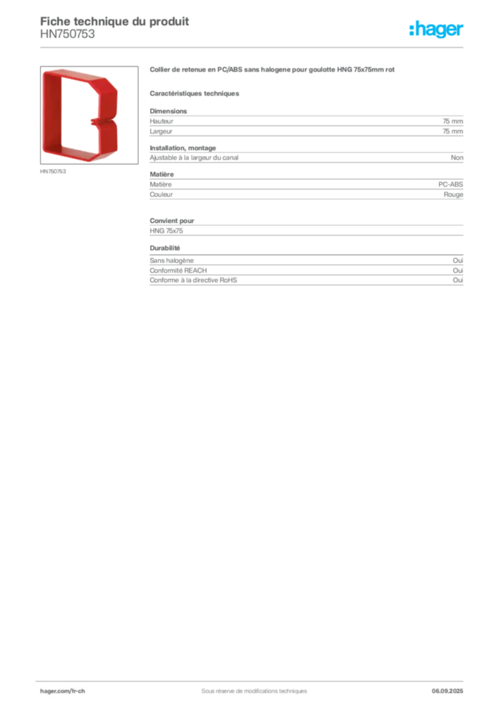 Image Hager Fiche technique du produit HN750753 | Hager Suisse