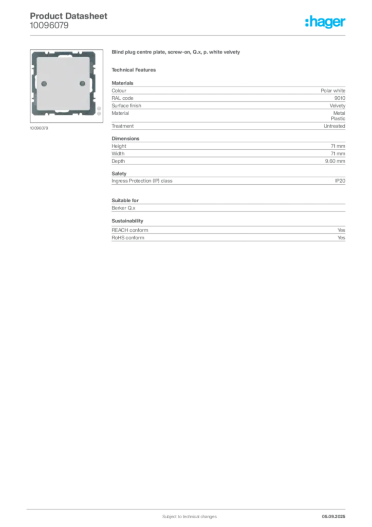 Image Hager Product data sheet 10096079  | Hager