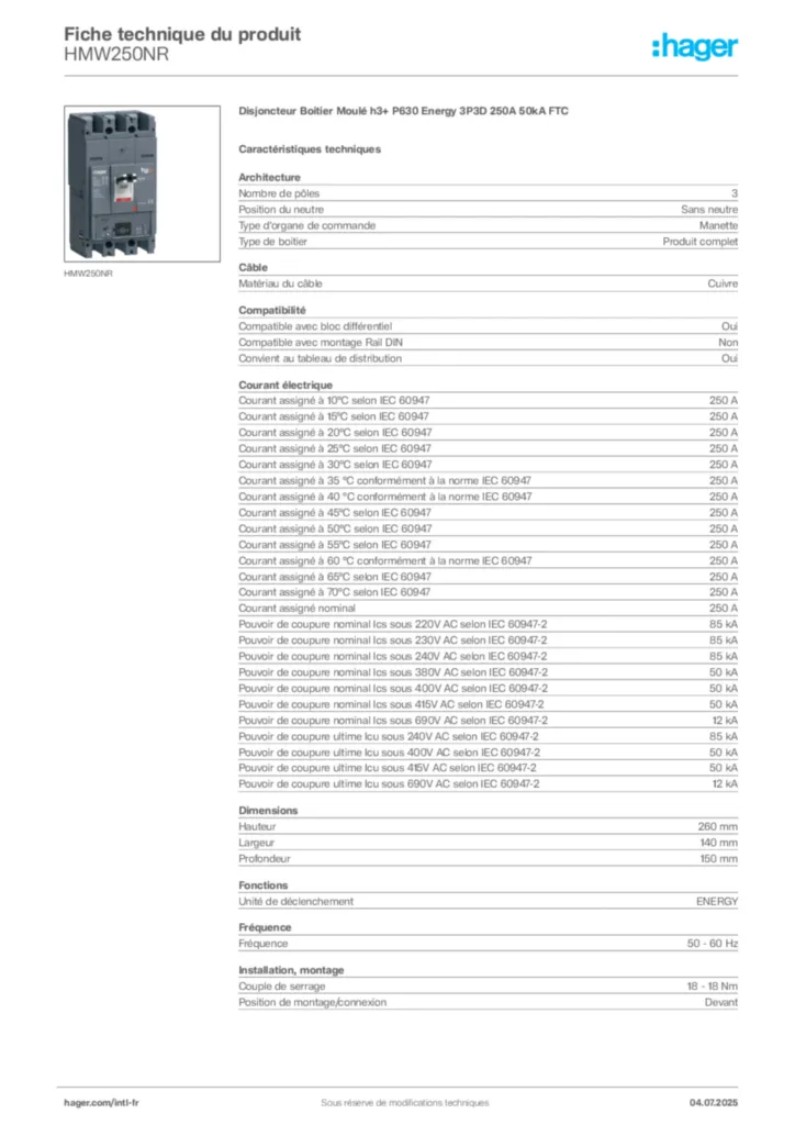 Image Hager Fiche technique du produit HMW250NR | Hager Afrique