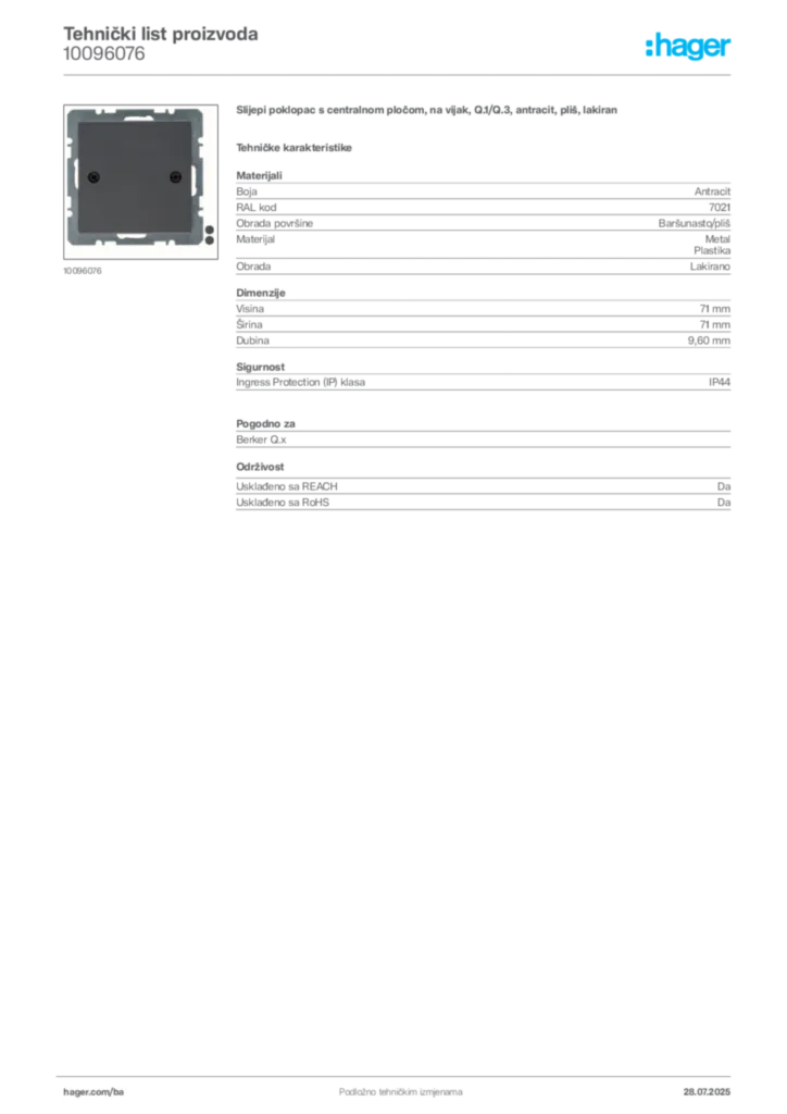 Slika Hager Product data sheet 10096076  | Hager