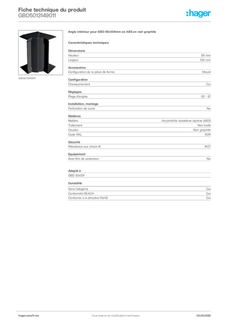 Image Hager Fiche technique du produit GBD5013149011 | Hager Belgique