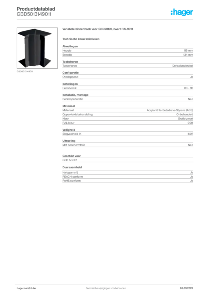 Afbeelding Hager Productdatablad GBD5013149011 | Hager Belgium