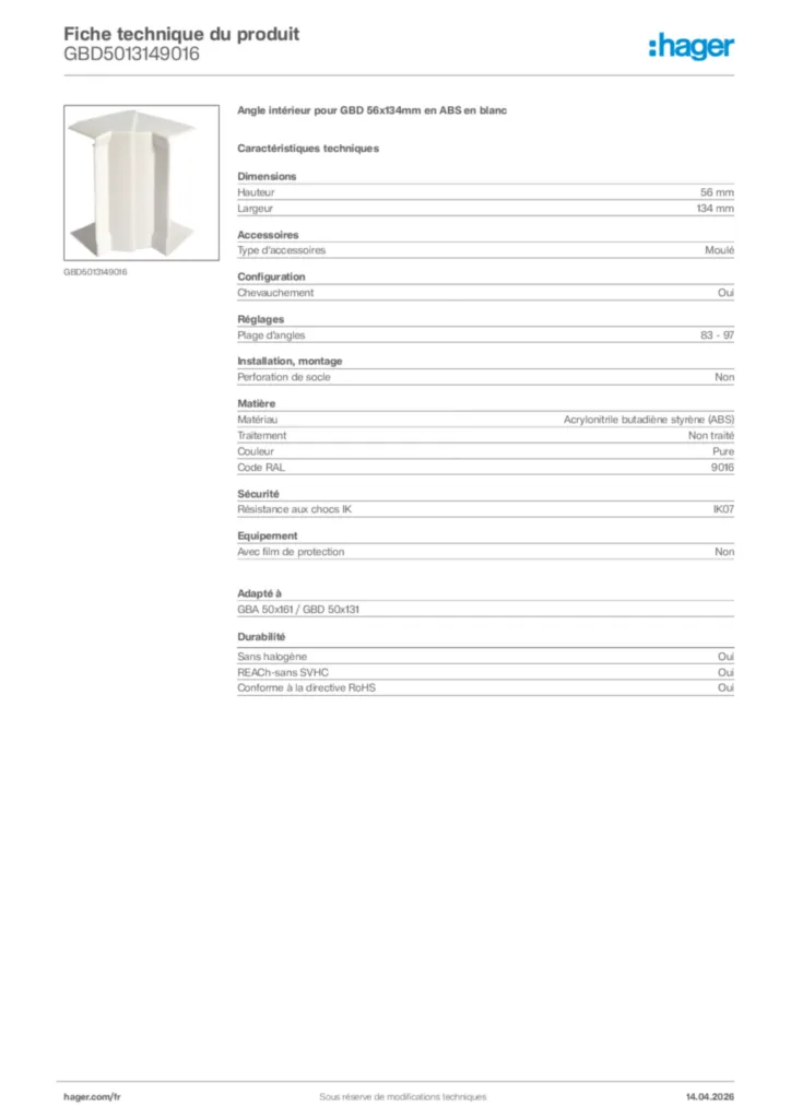 Image Hager Fiche technique du produit GBD5013149016 | Hager France