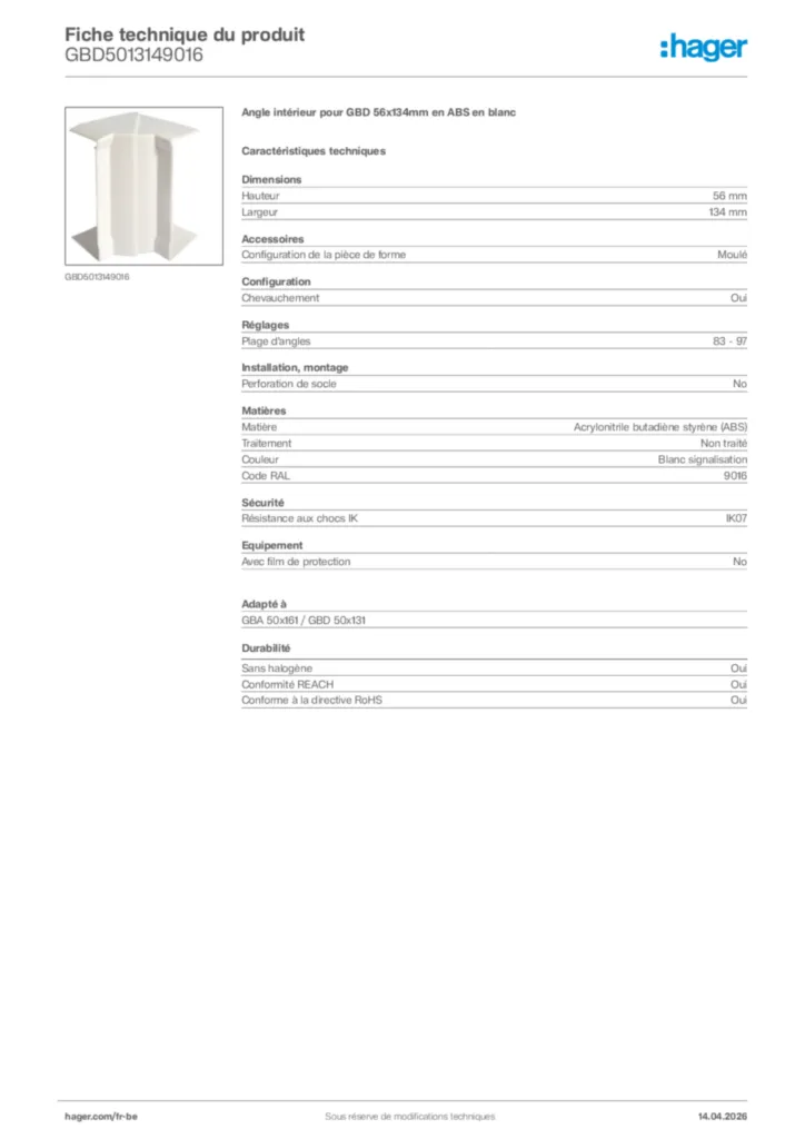 Image Hager Fiche technique du produit GBD5013149016 | Hager Belgique