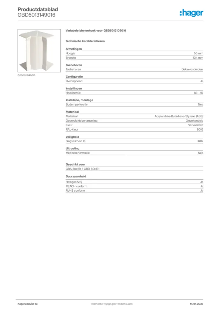 Afbeelding Hager Productdatablad GBD5013149016 | Hager Belgium