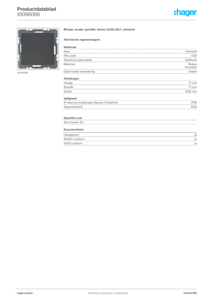 Afbeelding Hager Productdatablad 10096086 | Hager Nederland