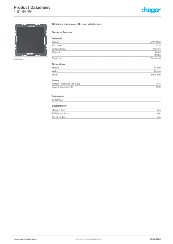 Image Hager Product data sheet 10096086  | Hager