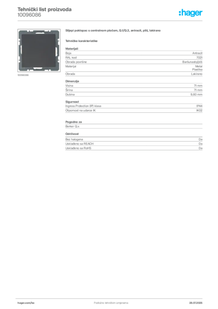 Slika Hager Product data sheet 10096086  | Hager