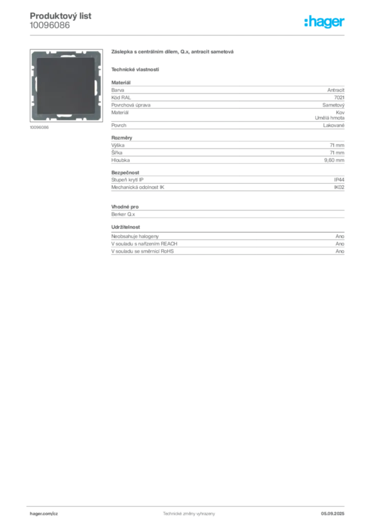 Obrázek Hager Produktový list 10096086 | Hager