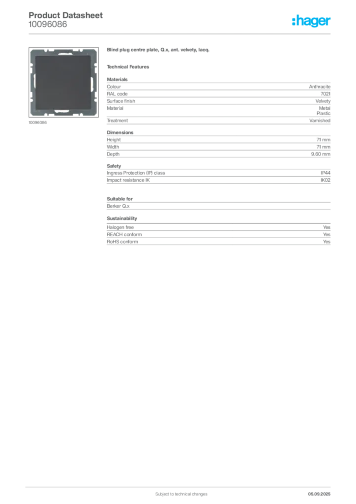 Image Hager Product data sheet 10096086  | Hager
