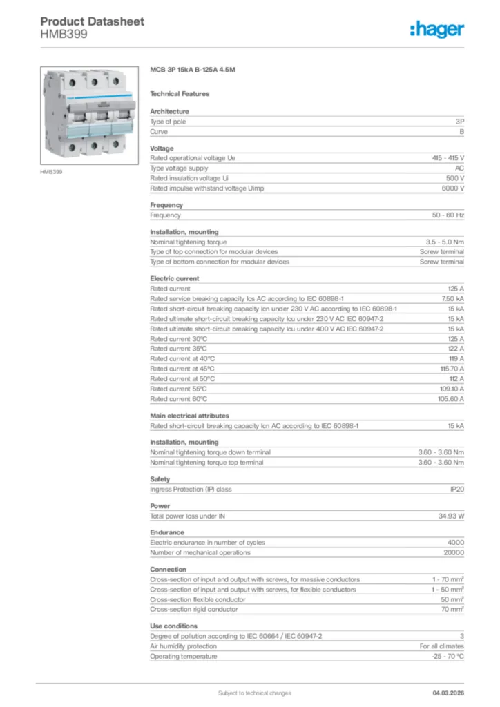 Image Hager Product data sheet HMB399  | Hager Africa