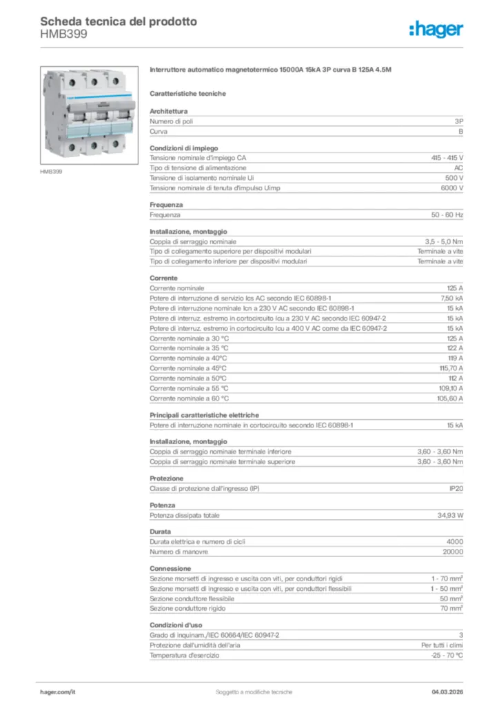 Immagine Hager Scheda tecnica del prodotto HMB399 | Hager Italia