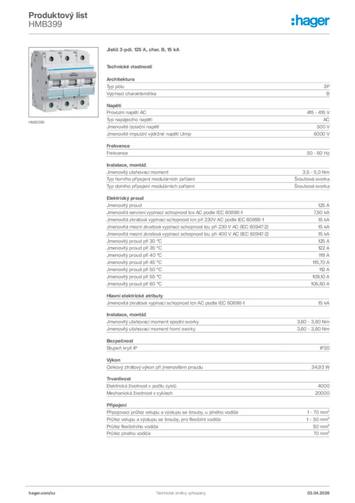 Obrázek Hager Product data sheet HMB399 | Hager