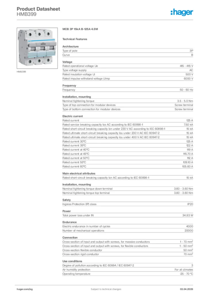 Image Hager Product data sheet HMB399  | Hager