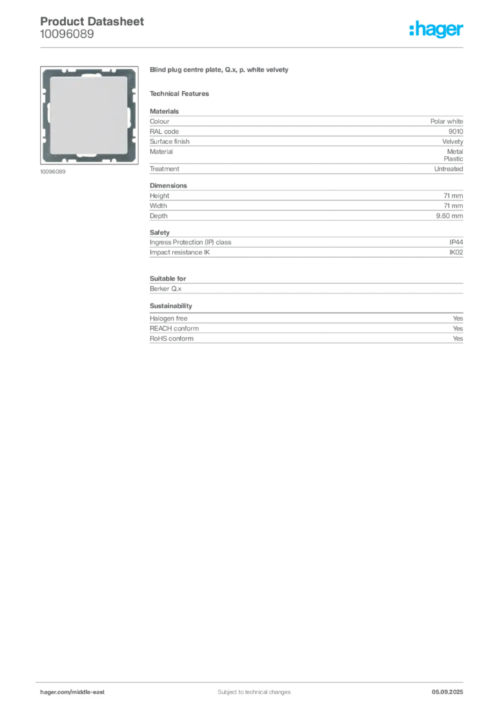 Image Hager Product data sheet 10096089  | Hager