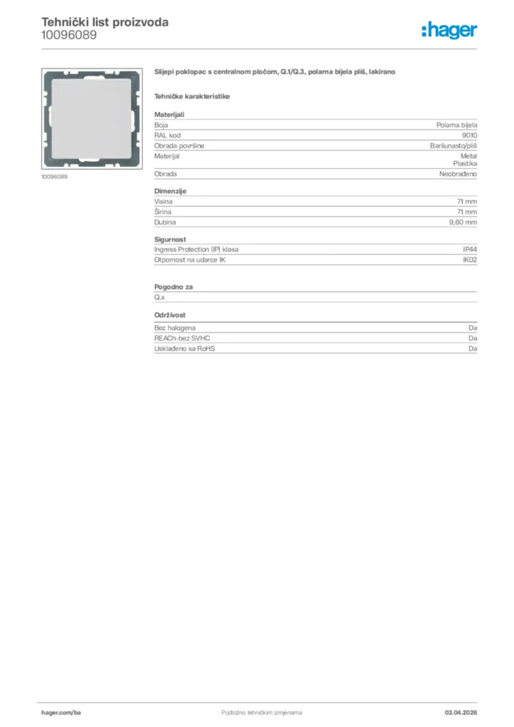 Slika Hager Tehnički list proizvoda 10096089  | Hager