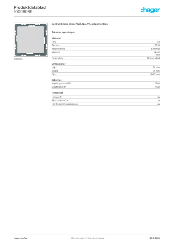 Bild Hager Produktdatablad 10096089 | Hager Sverige